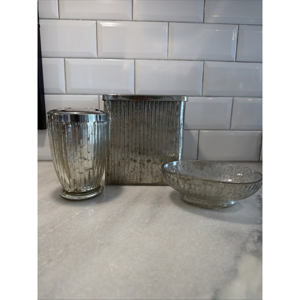 Pomeroy Metallic Glass Bath Set Tissue Box Soap Dish Toothbrush Holder 995